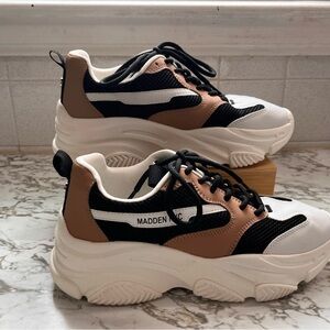 Madden NYC Women's Dad Lace Up Sneakers in Black and Tan